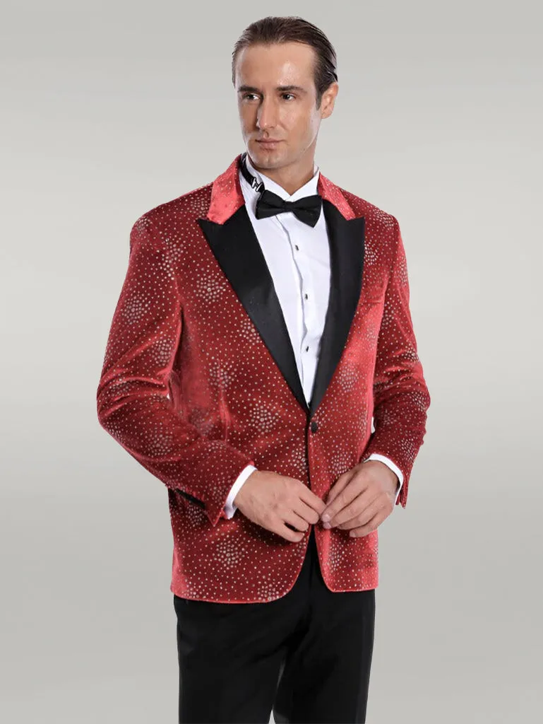 WSS Dot Patterned Peak Lapel Burgundy Men Prom Blazer  - Singen