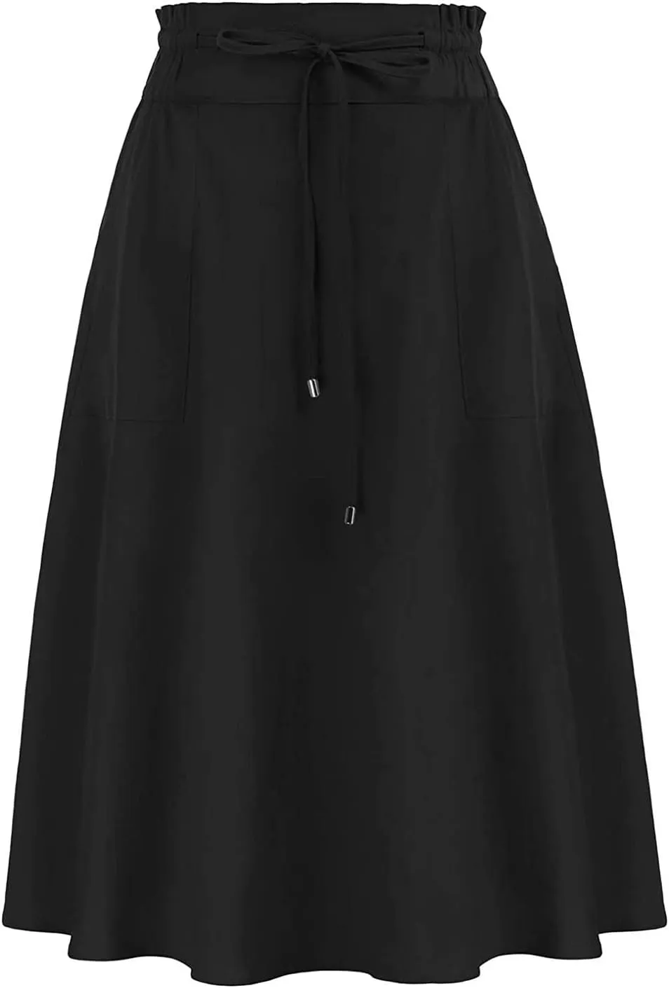 YOLAI Women Elastic High Waist Solid Colours Boho Knee Length Skirt Casual Drawstring A Line Long Skirt with Pockets